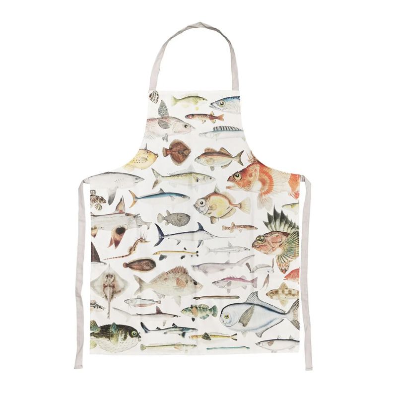 Flat view of the 100%NZ Fishes of New Zealand apron - a cream cotton apron with vintage style illustrations of New Zealand fish and grey straps.