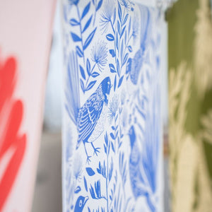 Close-up of the 100%NZ Birdsong Blues  Tea Towel.