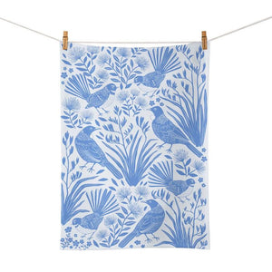 100%NZ Tea Towel – Birdsong Blues shown pegged to a line on a white background.