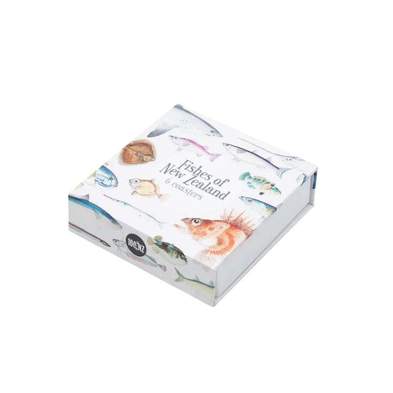 100%NZ Coasters – Fishes of New Zealand (Set of 6) in a box on a white background.