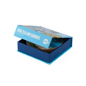 100%NZ Coasters – Graham Young New Zealand Summer in an open box on a white background.