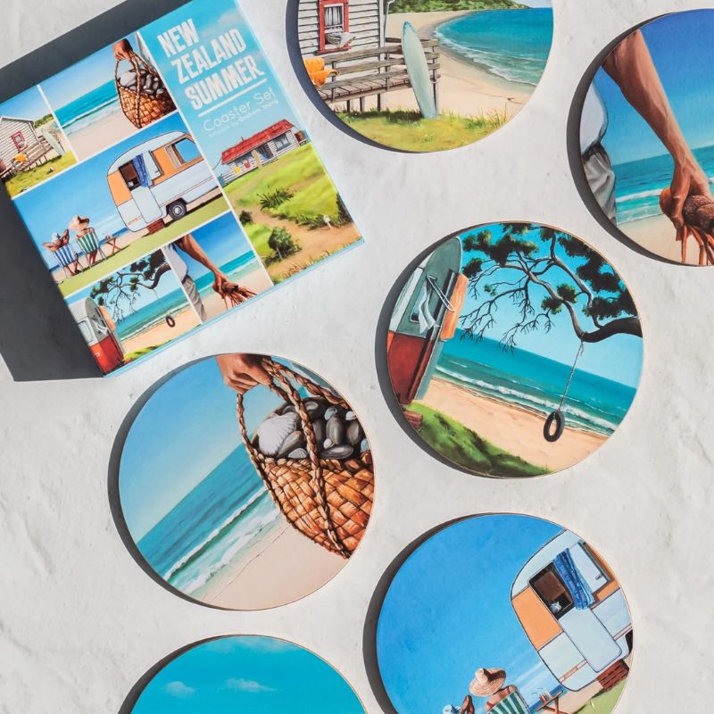 100%NZ Coasters – Graham Young New Zealand Summer (Set of 6) in a box on a white background.