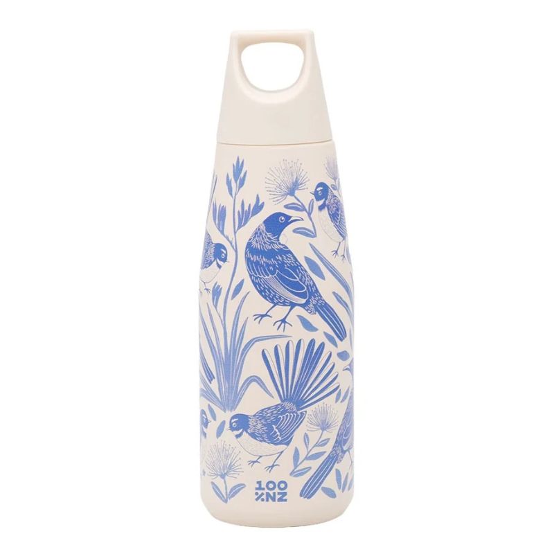 100%NZ Birdsong Blues Drink Bottle on a white background.