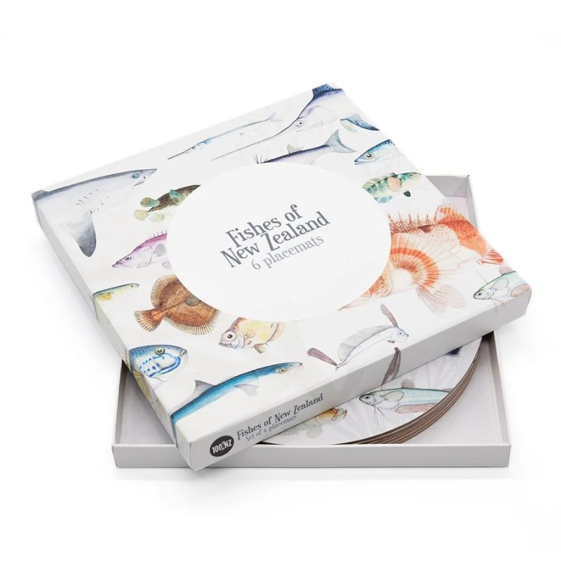 100%NZ Placemats – Fishes of New Zealand (Set of 6) in a box on a white background.