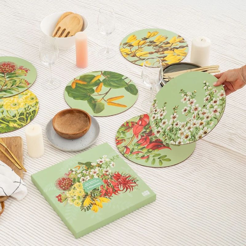 100%NZ Placemats – New Zealand Native Botanicals (Set of 6) on a white background.