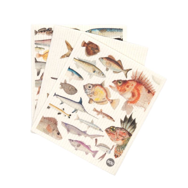 Set of 3 Swedish dish cloths feature Fishes of New Zealand illustrations on a cream cloth - eco-friendly and plastic free.