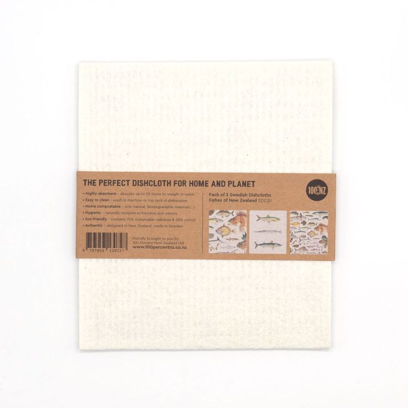 Set of 3 Swedish dish cloths feature Fishes of New Zealand illustrations on a cream cloth - eco-friendly and plastic free.