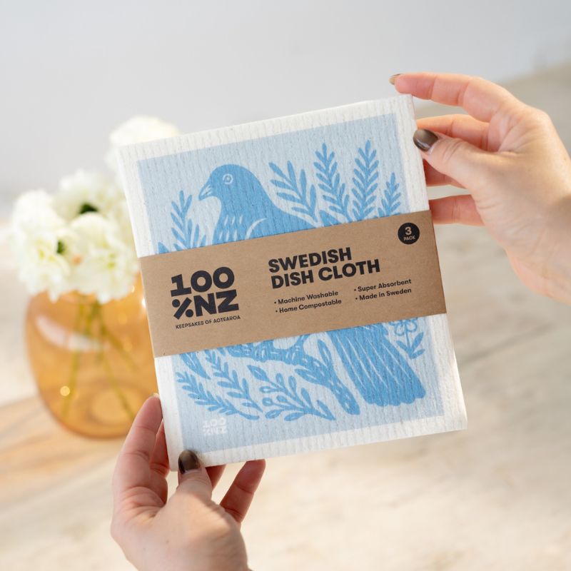 Set of 3 100%NZ Swedish Dish Cloths in NZ Woodcut Birds design shown against a white background.