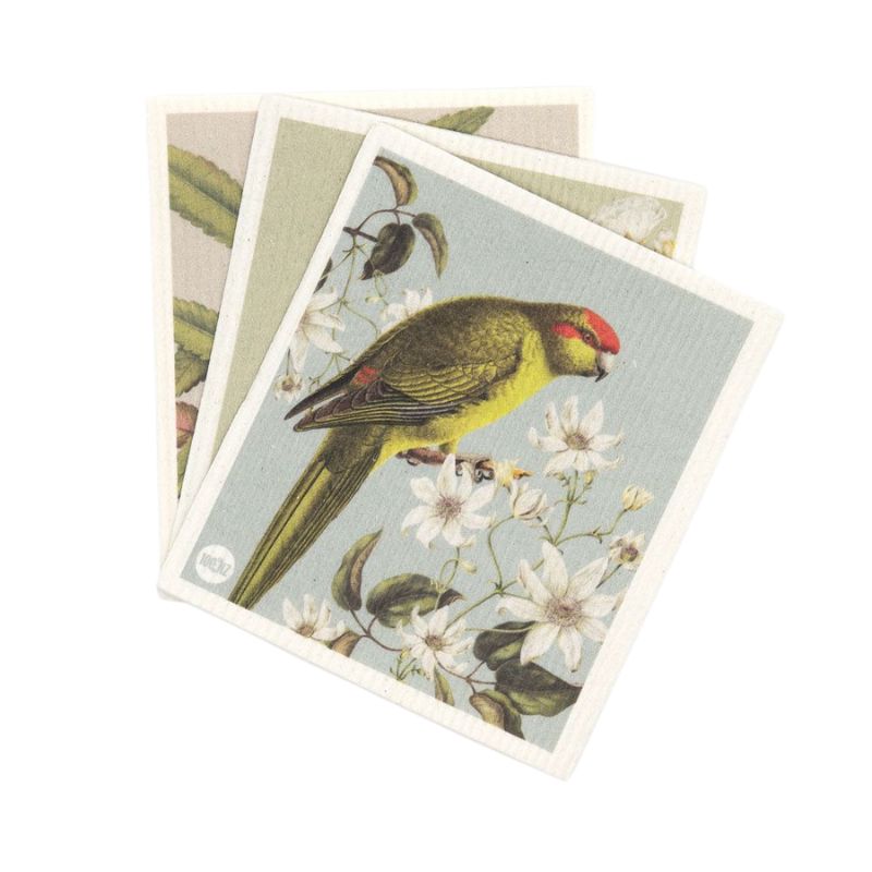 Flat lay of 100%NZ Swedish Dish Cloths – Birds & Botanicals featuring native NZ birds and plants