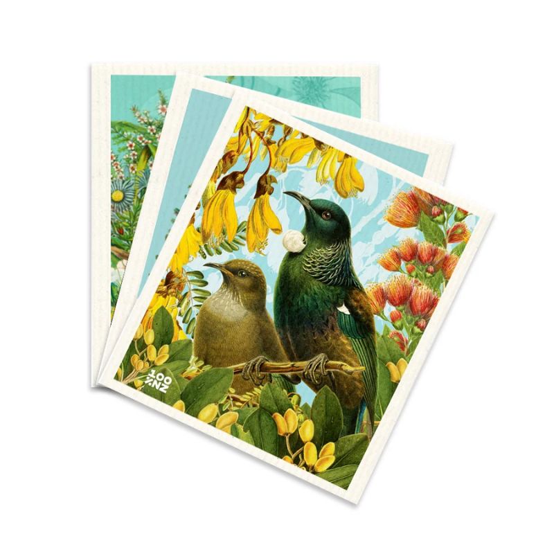 Set of three Swedish dish cloths in the Botanical Birds prints by 100%NZ - featuring Tūi, Pīwakawaka (Fantail) and Kererū.