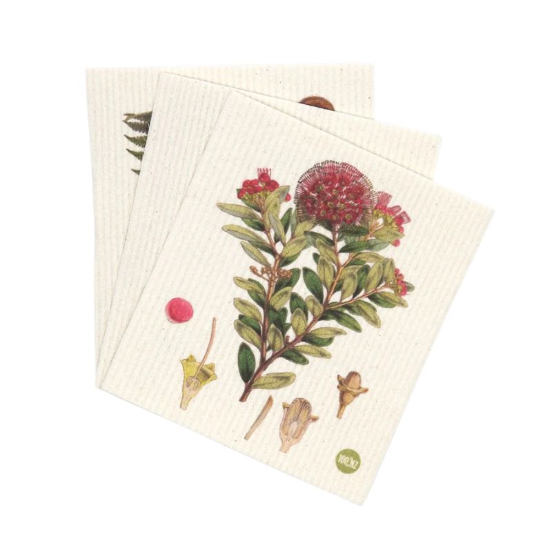 Set of 3 Swedish dish cloths featuring botanical illustrations of Northern Rātā, Mānuka, and Tree Fern.