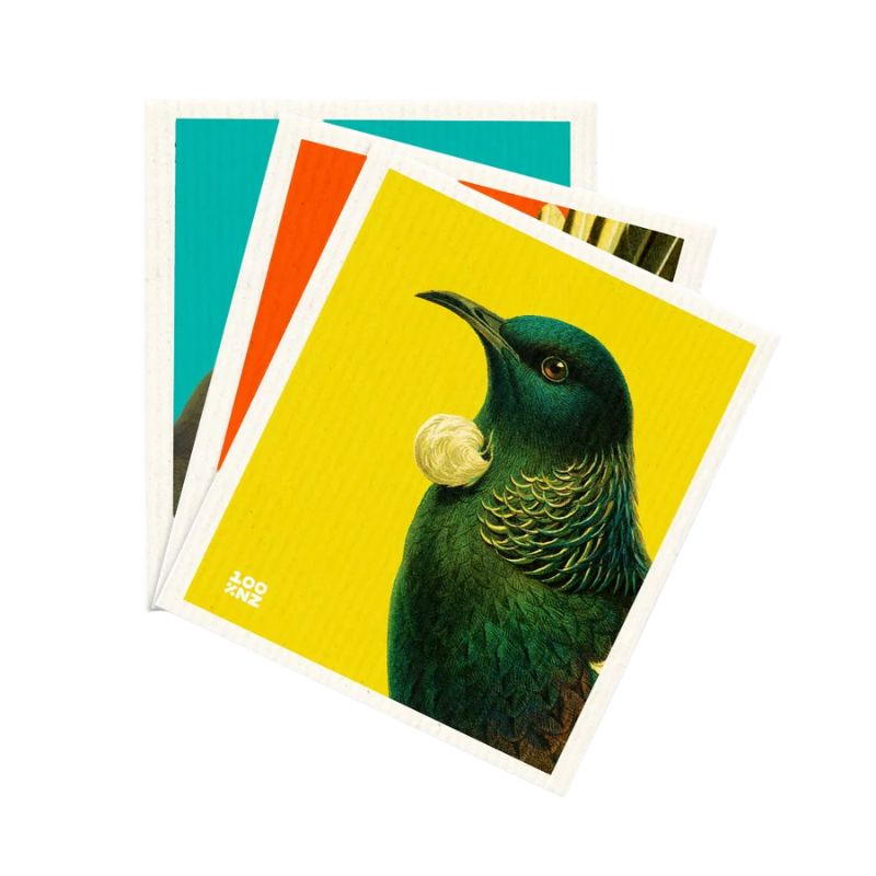 Set of 3 Swedish dish cloths by 100%NZ featuring New Zealand native birds - tui, fantail and kokako - on a bright background.