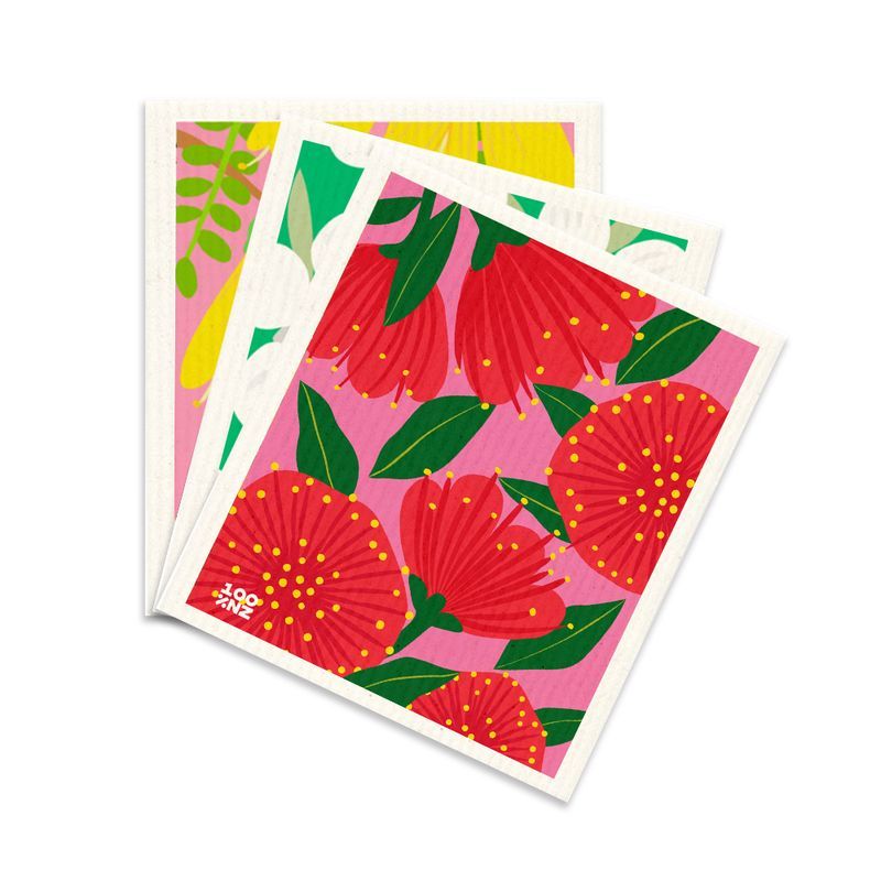 100%NZ Swedish Dish Cloths - Bright Botanicals - features bright, fun, Kiwiana prints of Pohutukawa, Manuka & Kowhai. Set of 3 dishcloths shown.