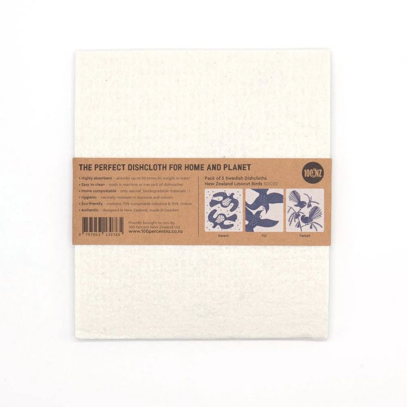 Set of 3 Swedish dish cloths featuring navy linocut-style prints of native New Zealand birds - kereru, tui and fantail.