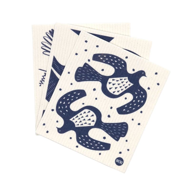 Set of 3 Swedish dish cloths featuring navy linocut-style prints of native New Zealand birds - kereru, tui and fantail.