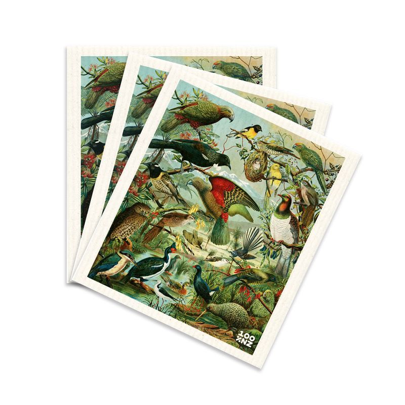 100%NZ Swedish Dish Cloths - NZ Native Birds (Set of 3) - based on the vintage Native Birds of New Zealand poster