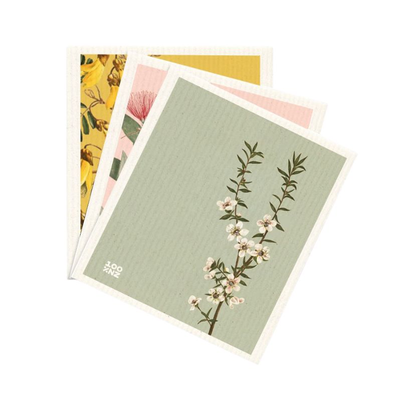 Set of 3 Swedish dishcloths featuring New Zealand natives - manuka, pohutukawa & kowhai.