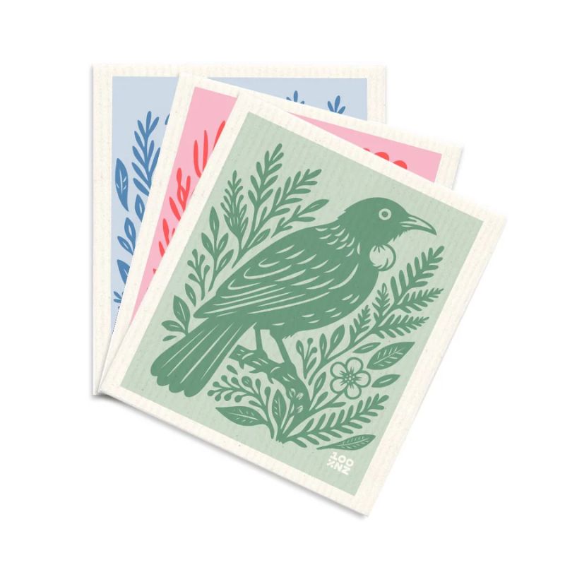 Set of 3 100%NZ Swedish Dish Cloths in NZ Woodcut Birds design shown against a white background.