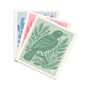 Set of 3 100%NZ Swedish Dish Cloths in NZ Woodcut Birds design shown against a white background.