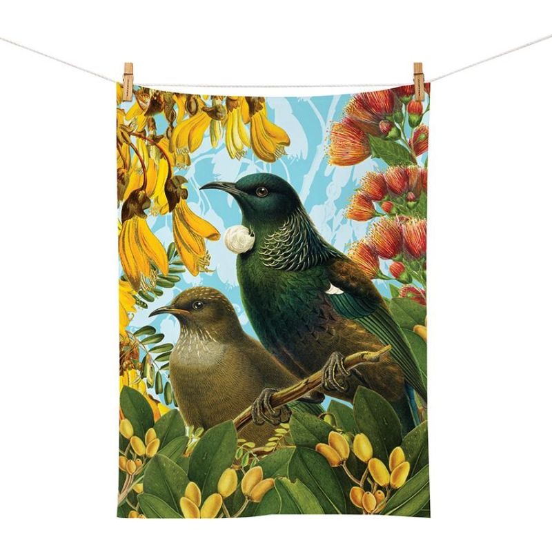 100%NZ Botanical Tui Tea Towel shown pegged to a line.