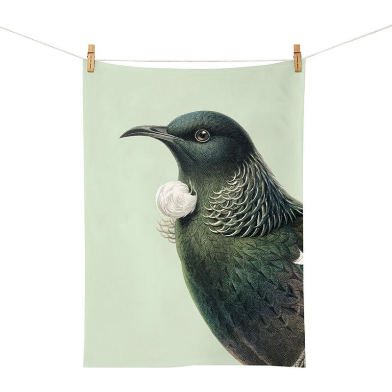 100%NZ Tea Towel - Hushed Green Tūī on a white background