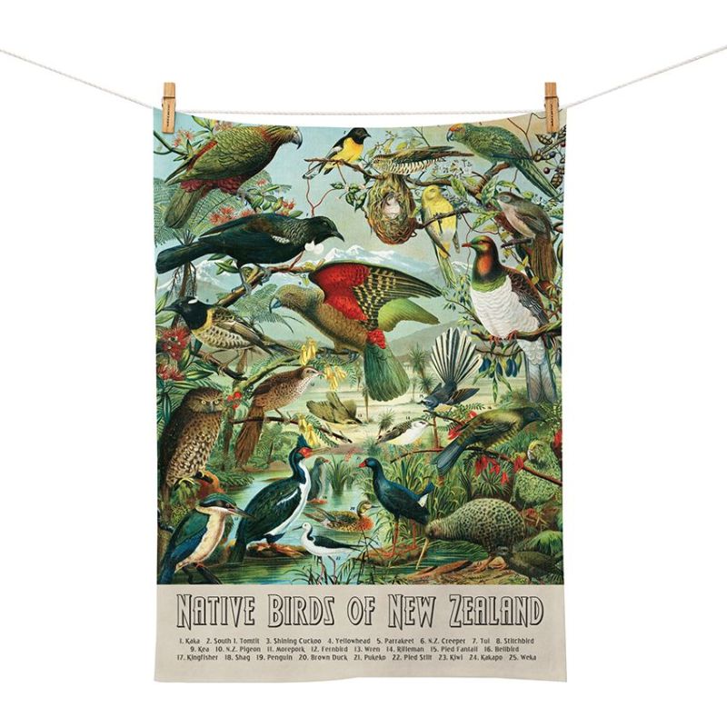 100%NZ NZ Native Birds Tea Towel on a white background.