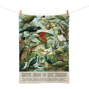 100%NZ NZ Native Birds Tea Towel on a white background.
