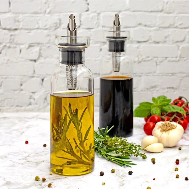 Set of two AdHoc AromaPour Oil & Vinegar Dispensers - clear borosilicate glass with stainless steel spouts and filters