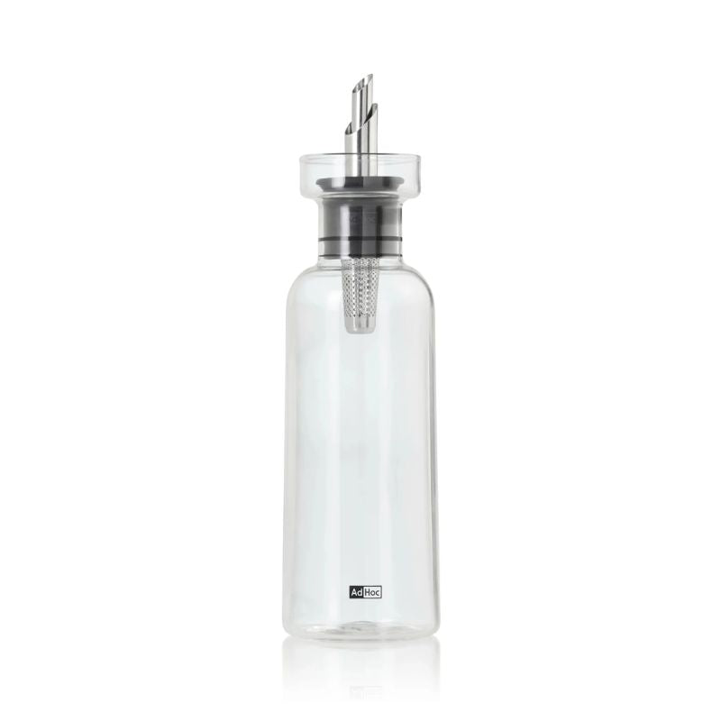 AdHoc oil or vinegar dispenser made from clear borosilicate glass and stainless steel fittings - shown on a white background