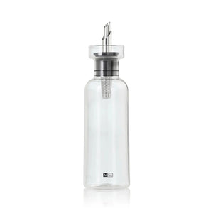 AdHoc oil or vinegar dispenser made from clear borosilicate glass and stainless steel fittings - shown on a white background