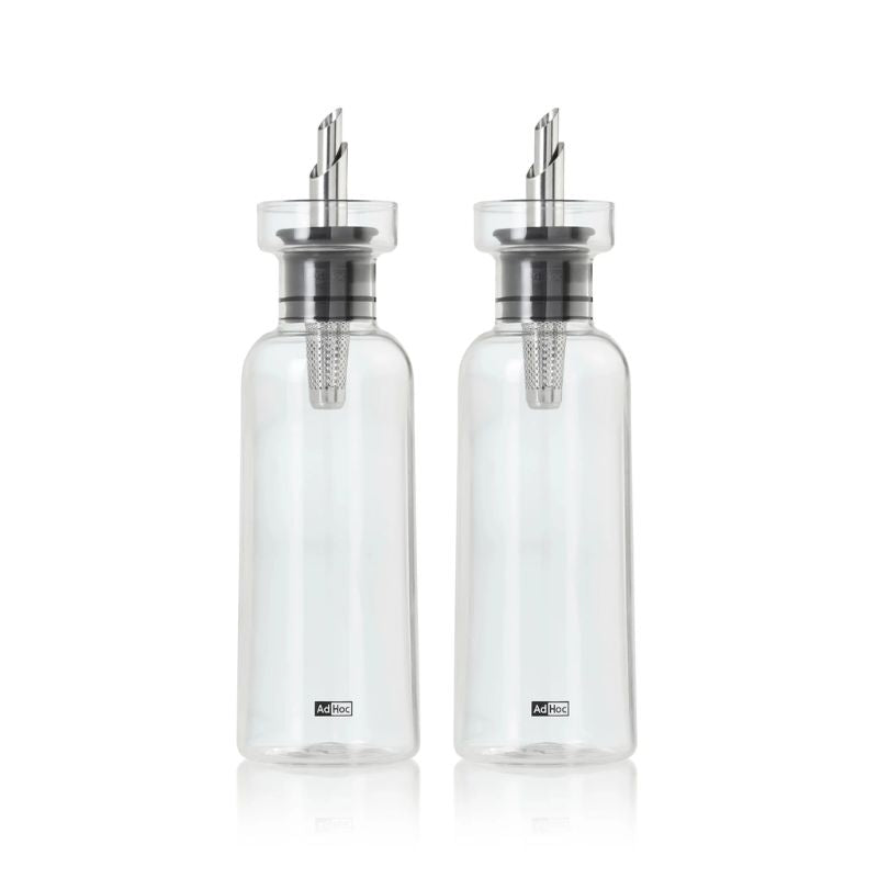 Set of two AdHoc AromaPour Oil & Vinegar Dispensers - clear borosilicate glass with stainless steel spouts and filters