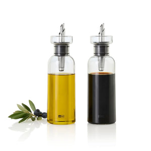 Set of two AdHoc AromaPour Oil & Vinegar Dispensers - one filled with olive oil, the other with balsamic vinegar.