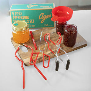 The Agee 5-piece Preserving Essentials Set shown with jars of jam.