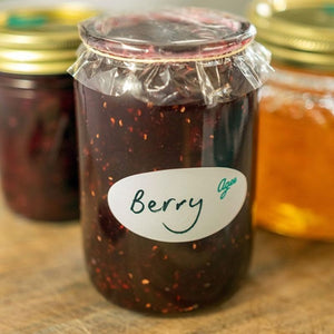 Agee Dissolvable Jar Labels shown on a jar of jam.