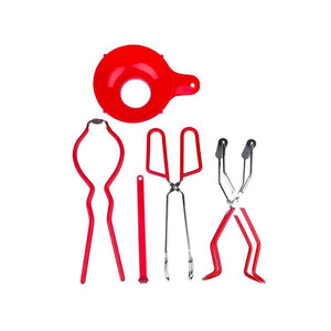 A set of five red kitchen utensils for preserving, including a funnel, jar lifter, jar wrench, magnetic lid lifter, and canning tongs – Agee Preserving Accessory Set.
