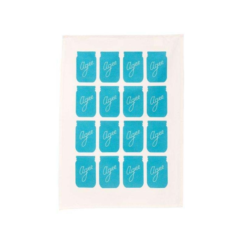 Agee tea towel with blue jar design and Agee branding - 100% cotton kitchen towel