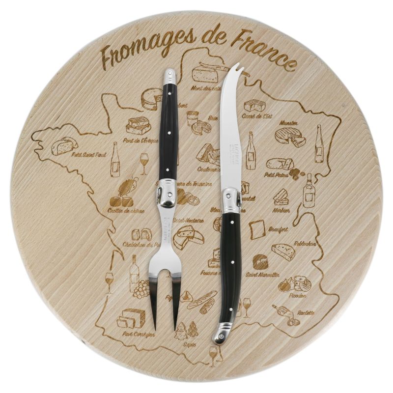André Verdier Laguiole Debutant Cheese Board Set – Black with an engraved map of France, food illustrations, and the words 'Fromages de France,' with two cheese knives placed on top.