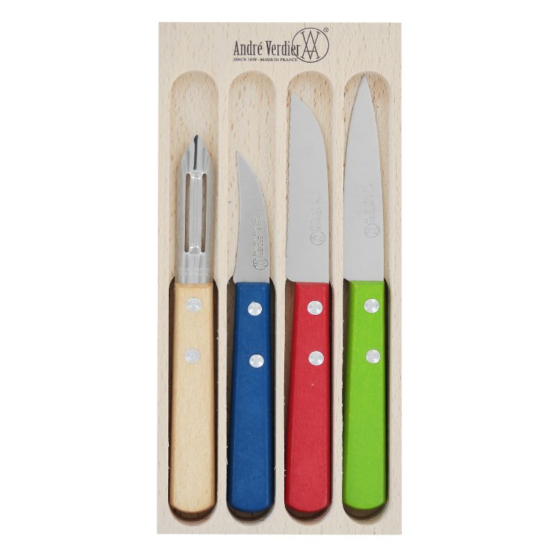 André Verdier 2 Rivets preparation knife set with peeler, peeling knife, paring knife and serrated paring knife, displayed in a wooden bo.