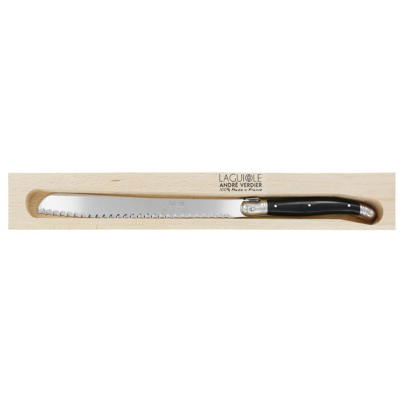 André Verdier Laguiole Debutant Bread Knife in Black on a white background