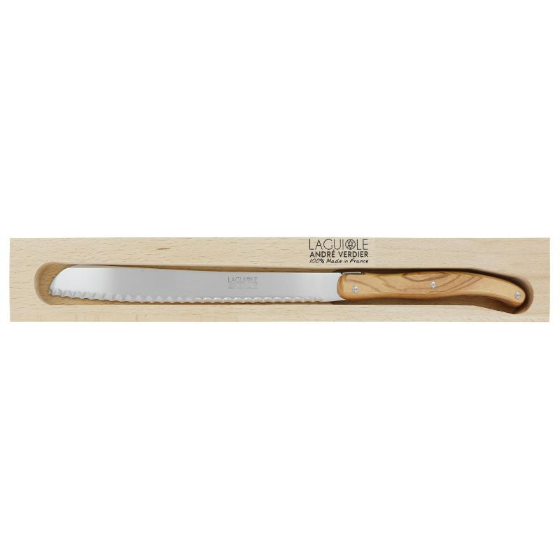 André Verdier Laguiole Debutant Bread Knife - Country in wooden gift box on a white background