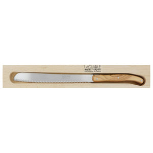 André Verdier Laguiole Debutant Bread Knife - Country in wooden gift box on a white background