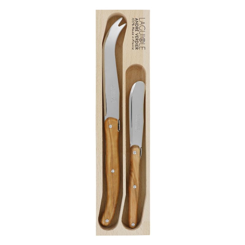André Verdier Laguiole cheese set with olive wood handles, including a butter spreader and large forked cheese knife in wooden box.