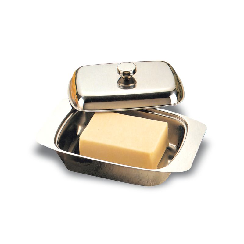 Appetito stainless steel butter dish  filled with butter and the cover sitting off to the side.