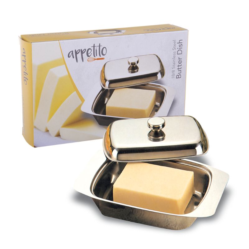 Appetito stainless steel butter dish  filled with butter and the cover sitting off to the side.