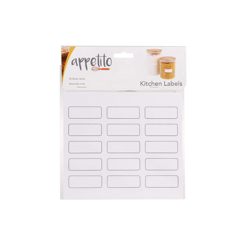Appetito Kitchen Labels – blank vinyl labels with a black outline.