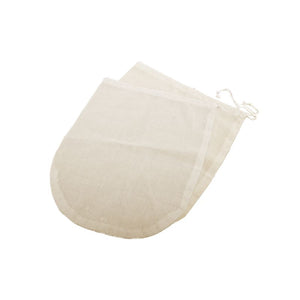 Two cotton fabric pouches for straining nut milks.