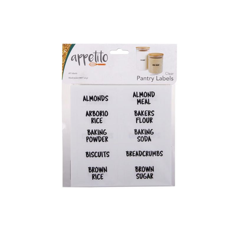 Retail packet of Appetito Clear Pantry Labels – 60 vinyl labels