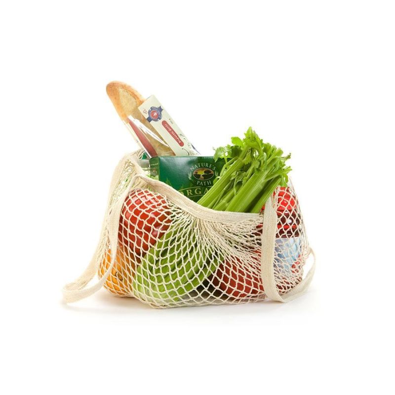 Appetito String Bag with Long Handles shown filled with vegetables and bread on a white background.