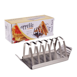 Appetito Stainless Steel Toast Rack with Tray shown with retail packaging behind