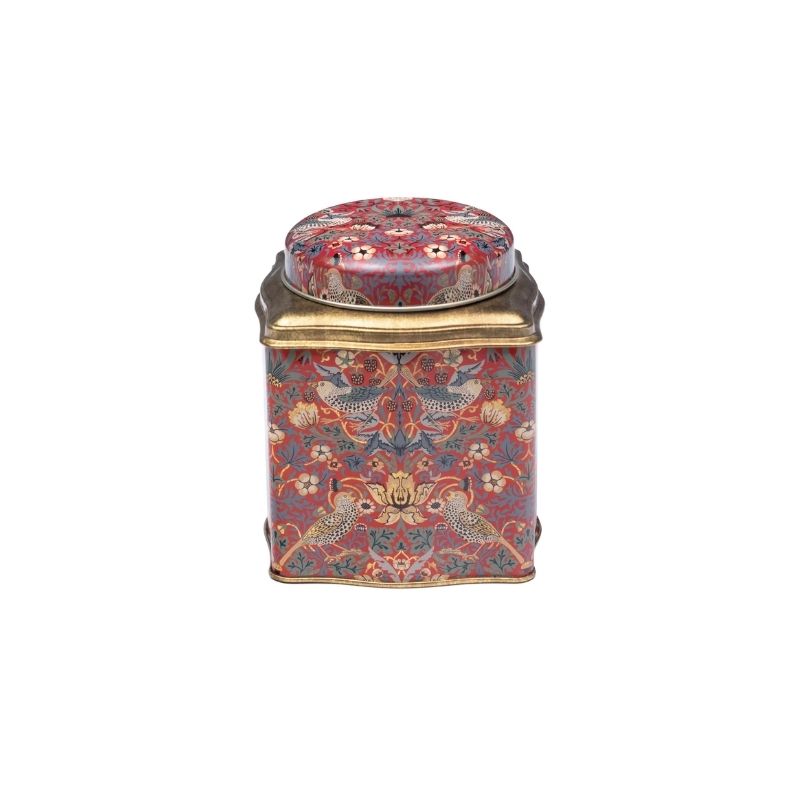 Arts & Crafts William Morris Red Strawberry Thief Tea Caddy shown on a white background front on.